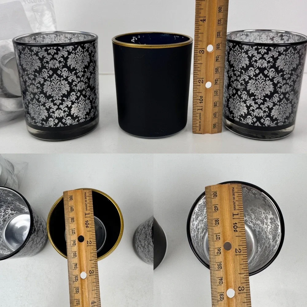 2 Damask Pattern 1 Black Gold Trim Table Tealight Candle Holders Glass Gothic